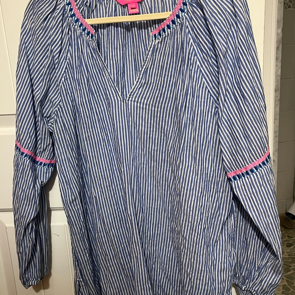 Lilly Pulitzer Blue and White Striped Blouse with Pink Trim